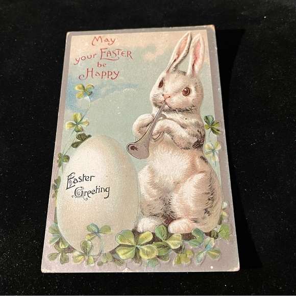 Vtg 1918 Postcard Anthropomorphic Easter Bunny Playing Horn Egg Clover Embossed - Picture 6 of 9